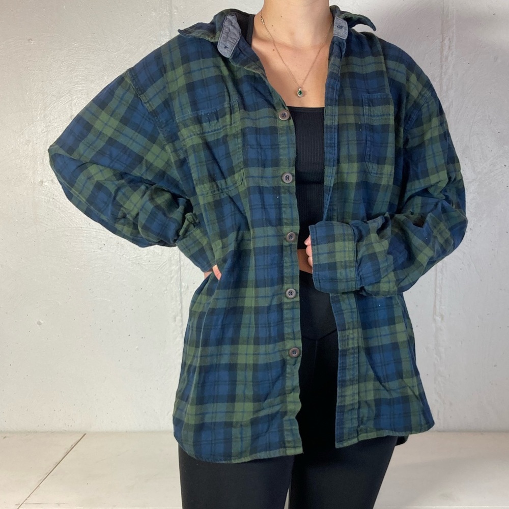 Dark Navy + Green Classic Plaid Flannel Long Sleeve Button Down Shirt